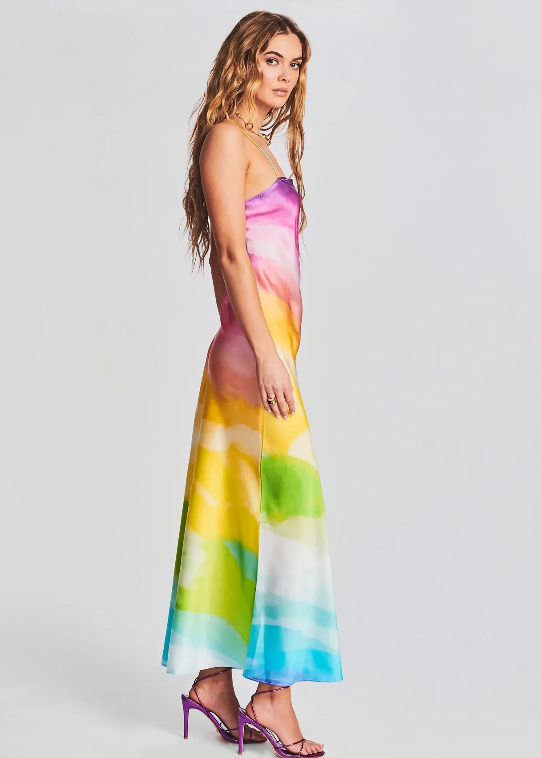 Retrofete Aimee Silk Long Dress Watercolor Rainbow Cheap
