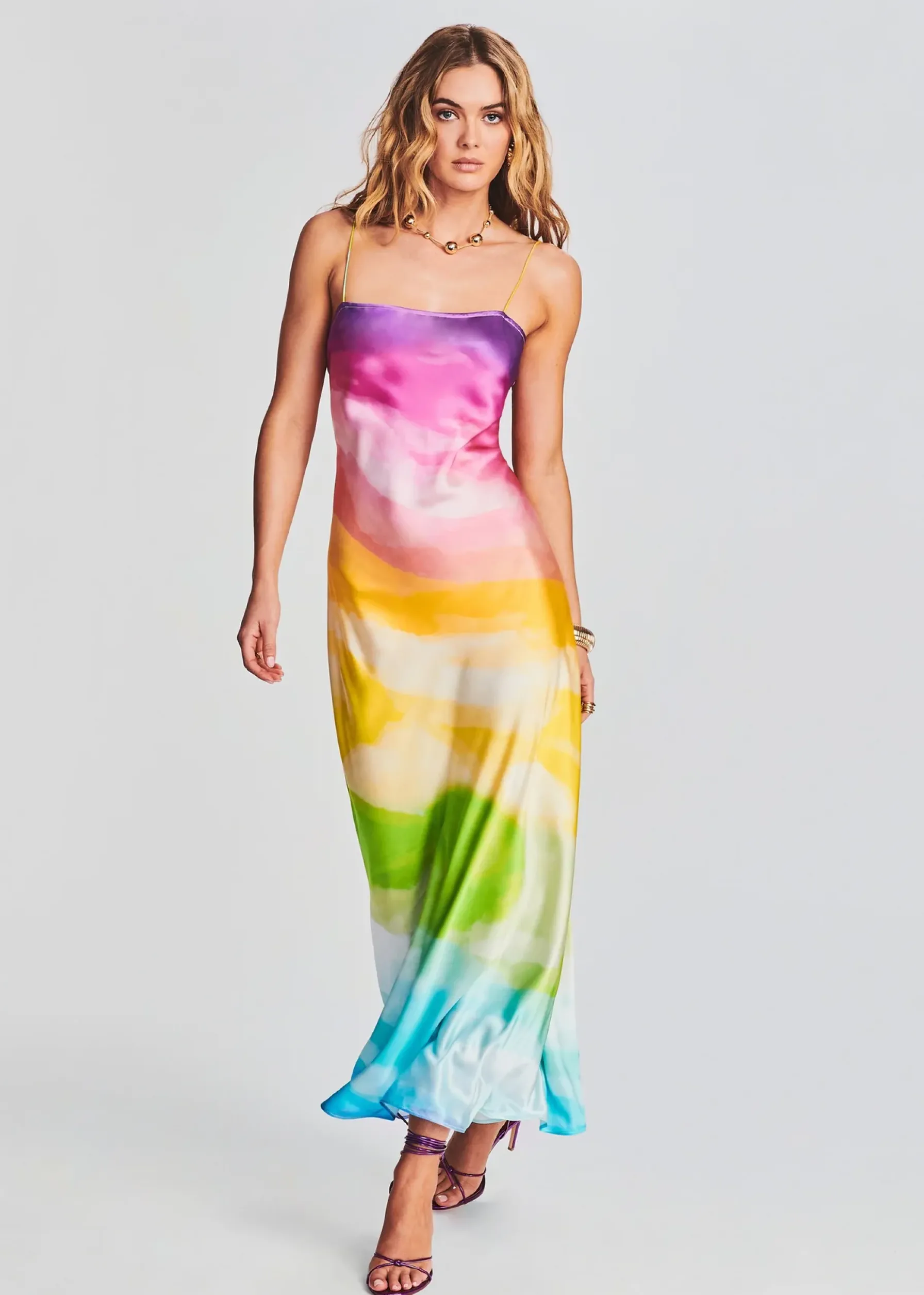 Retrofete Aimee Silk Long Dress Watercolor Rainbow Cheap