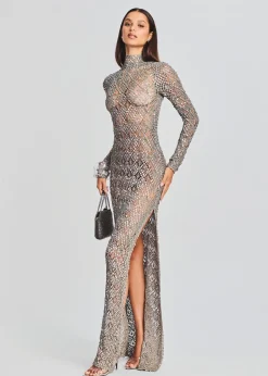 Retrofete Alexa Sequin Open Crochet Dress Metallic Mink Grey Best Sale