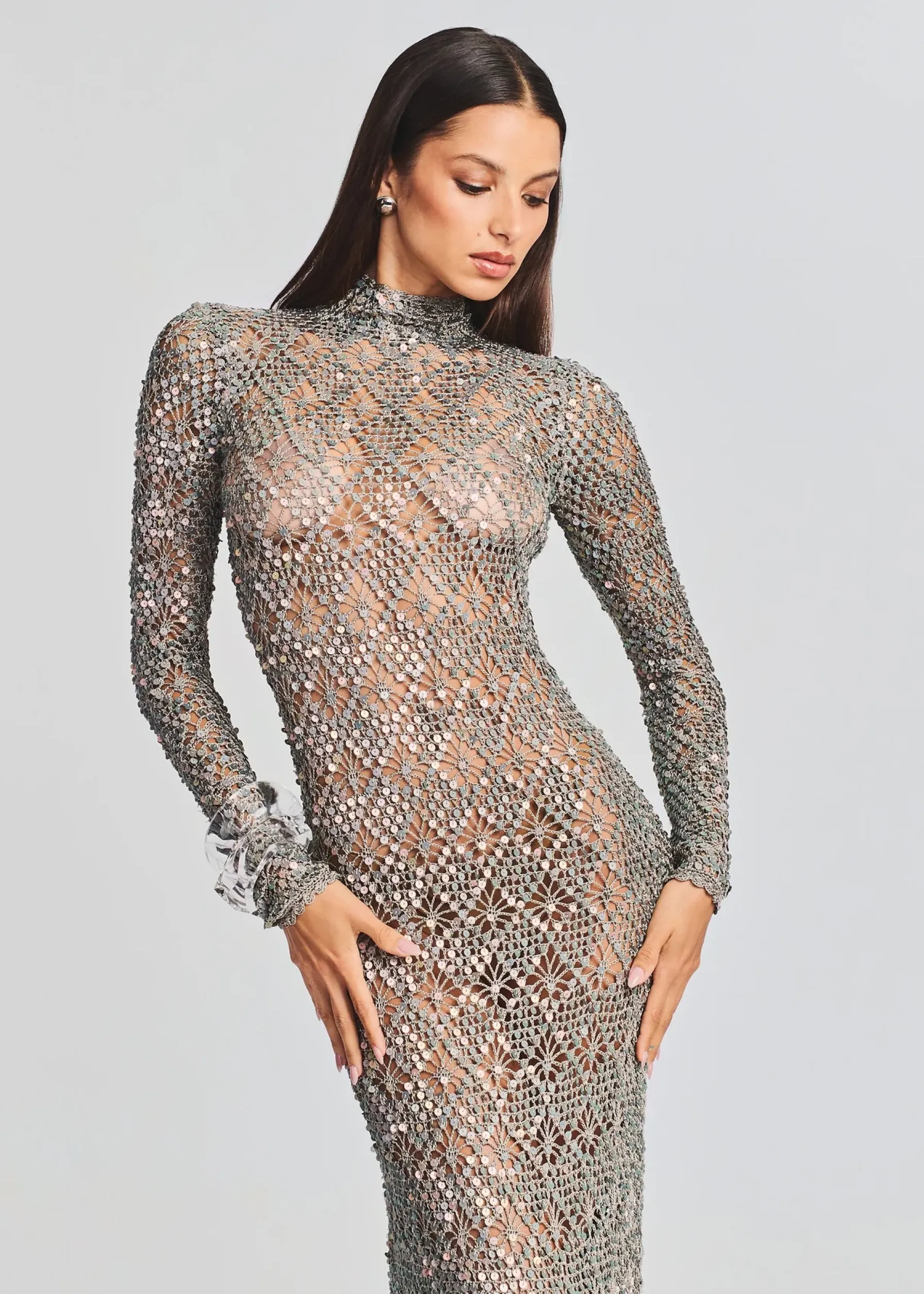 Retrofete Alexa Sequin Open Crochet Dress Metallic Mink Grey Best Sale