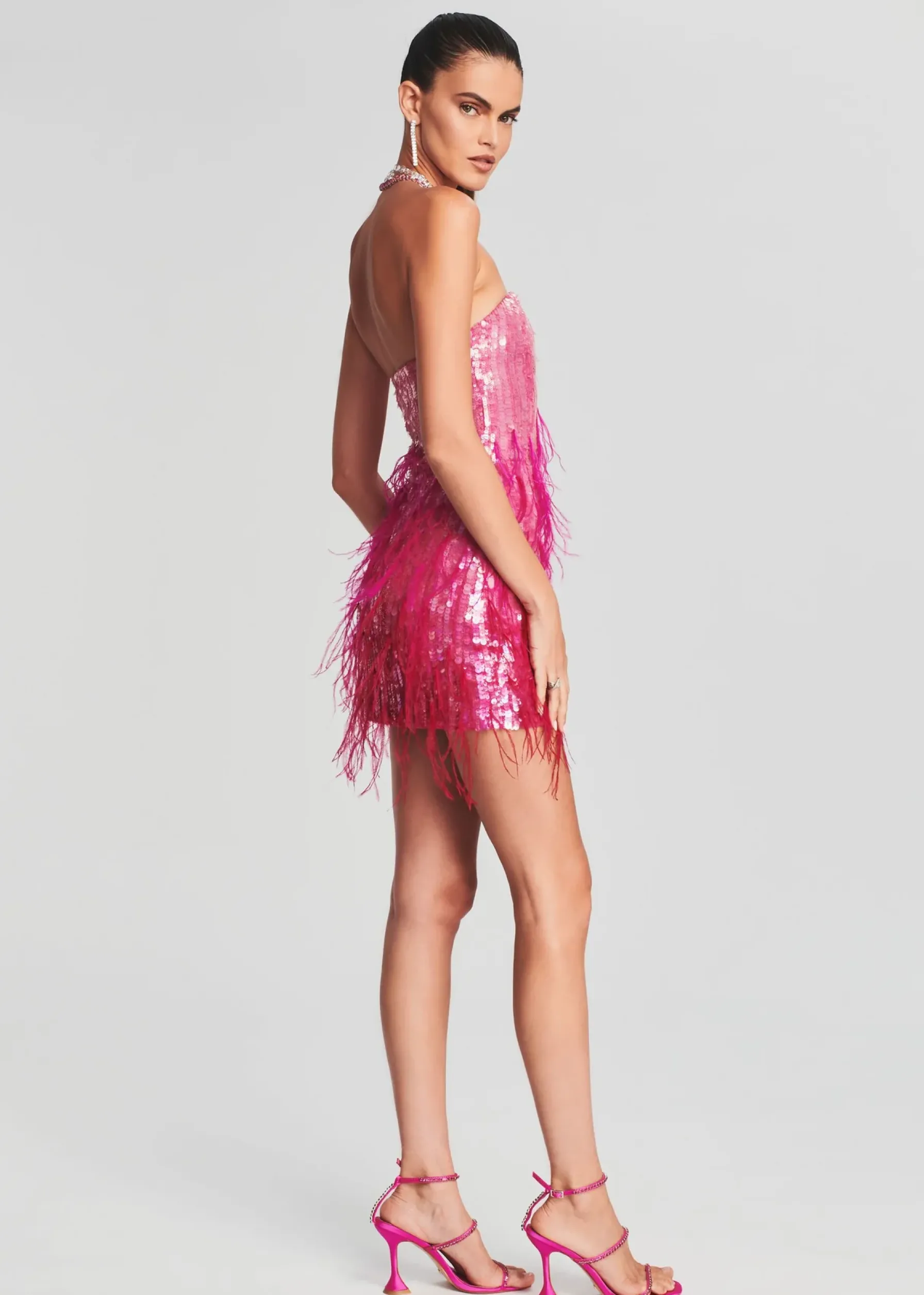 Retrofete Anastasia Sequin Feather Dress Fuchsia Shop