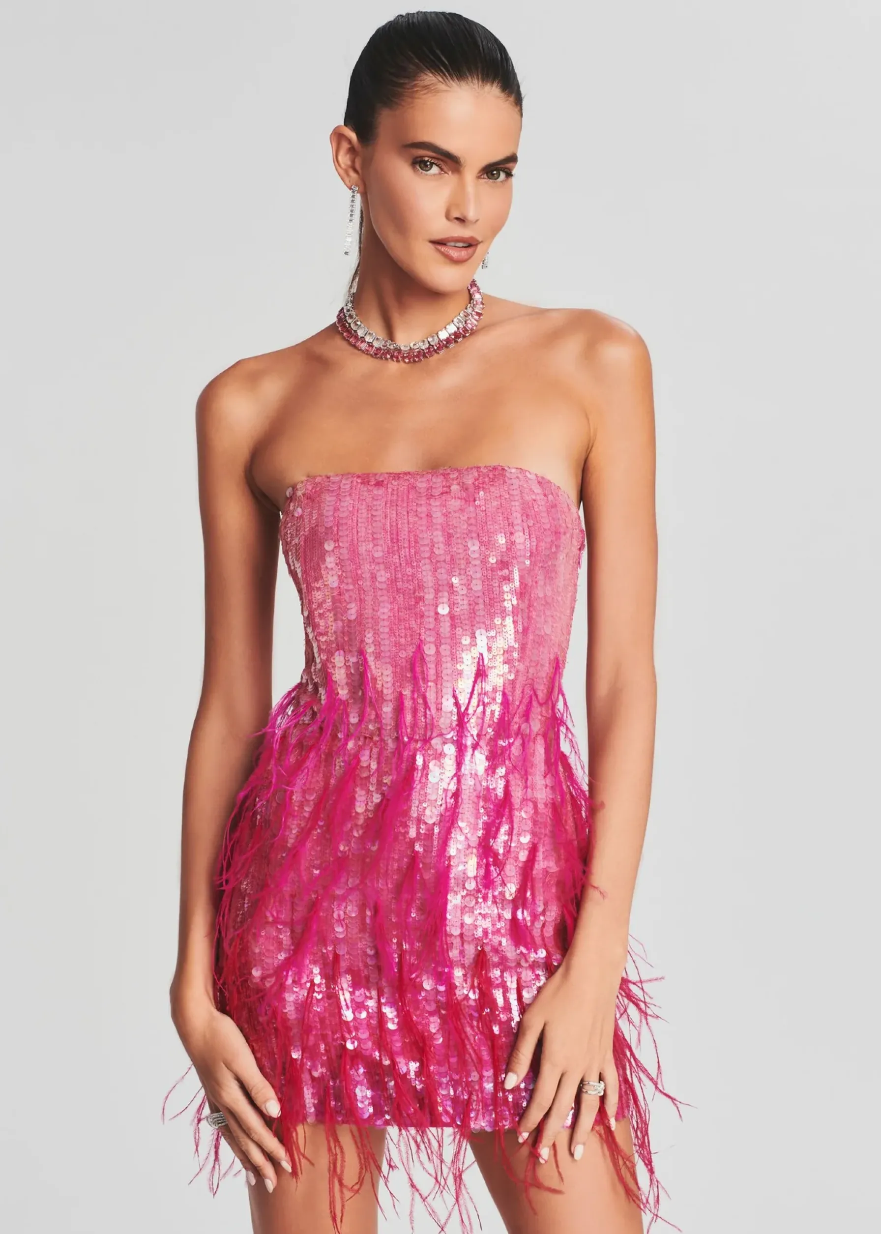 Retrofete Anastasia Sequin Feather Dress Fuchsia Sale