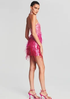 Retrofete Anastasia Sequin Feather Dress Fuchsia New