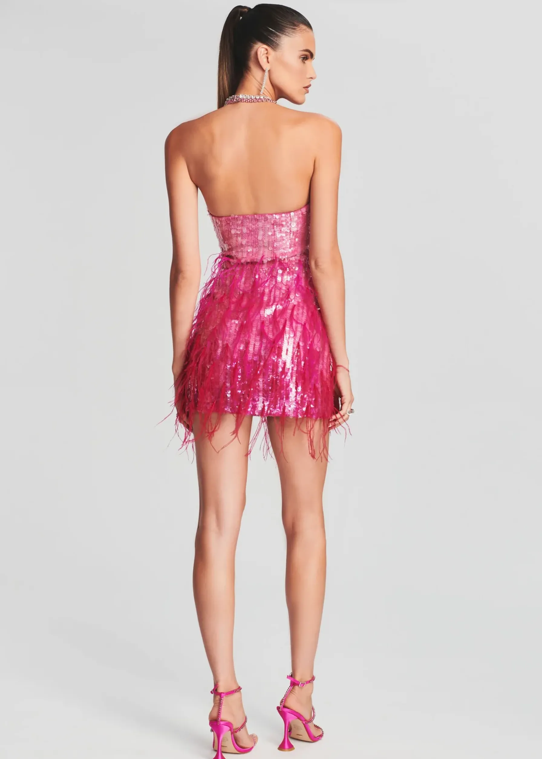 Retrofete Anastasia Sequin Feather Dress Fuchsia Hot