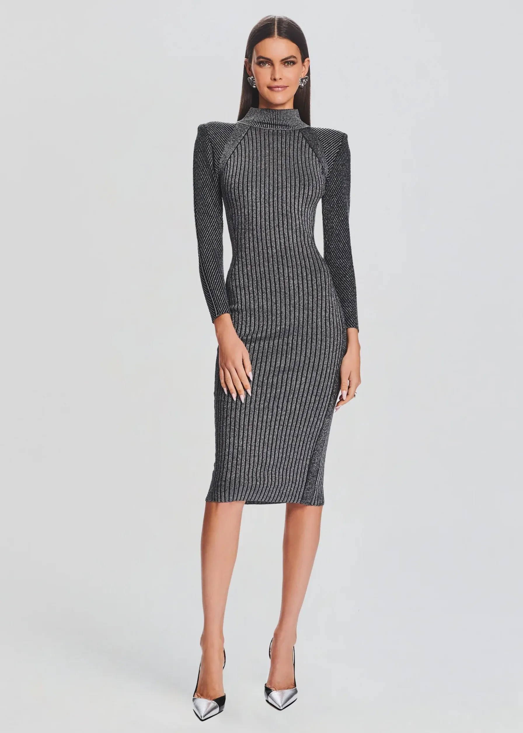Retrofete Aylin Rib Knit Dress Metallic Black/Silver New
