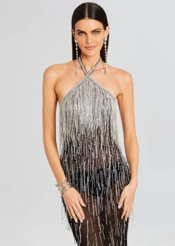 Retrofete Belle Embellished Fringe Dress Black/Silver Clearance