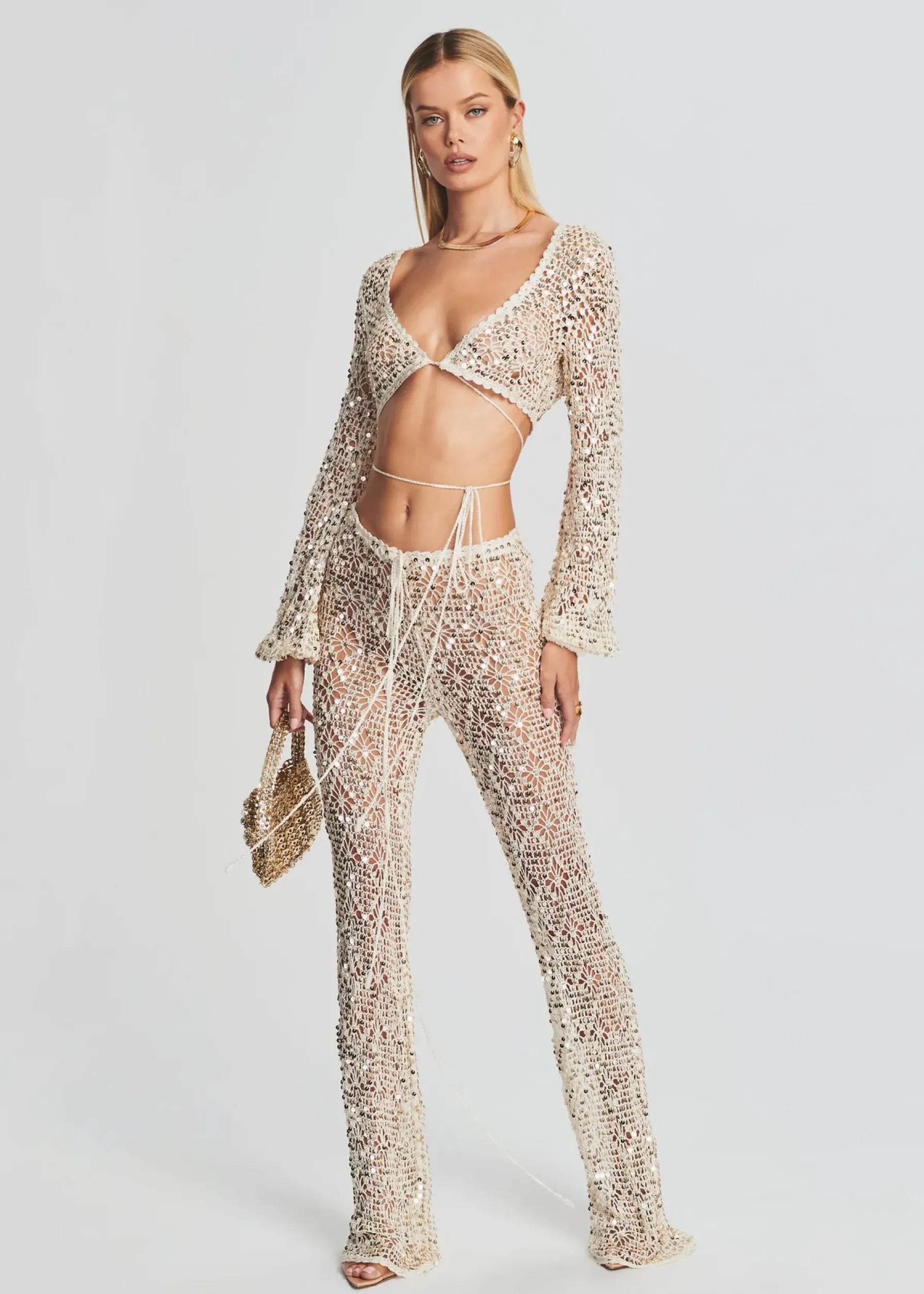Retrofete Brendi Sequin Crochet Pant Ivory Gold Discount