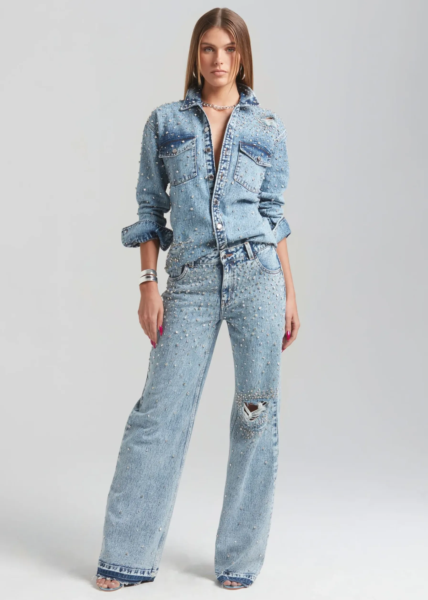 Retrofete Bronte Wide Leg Crystal Embellished Jean Arctic Crystal Discount