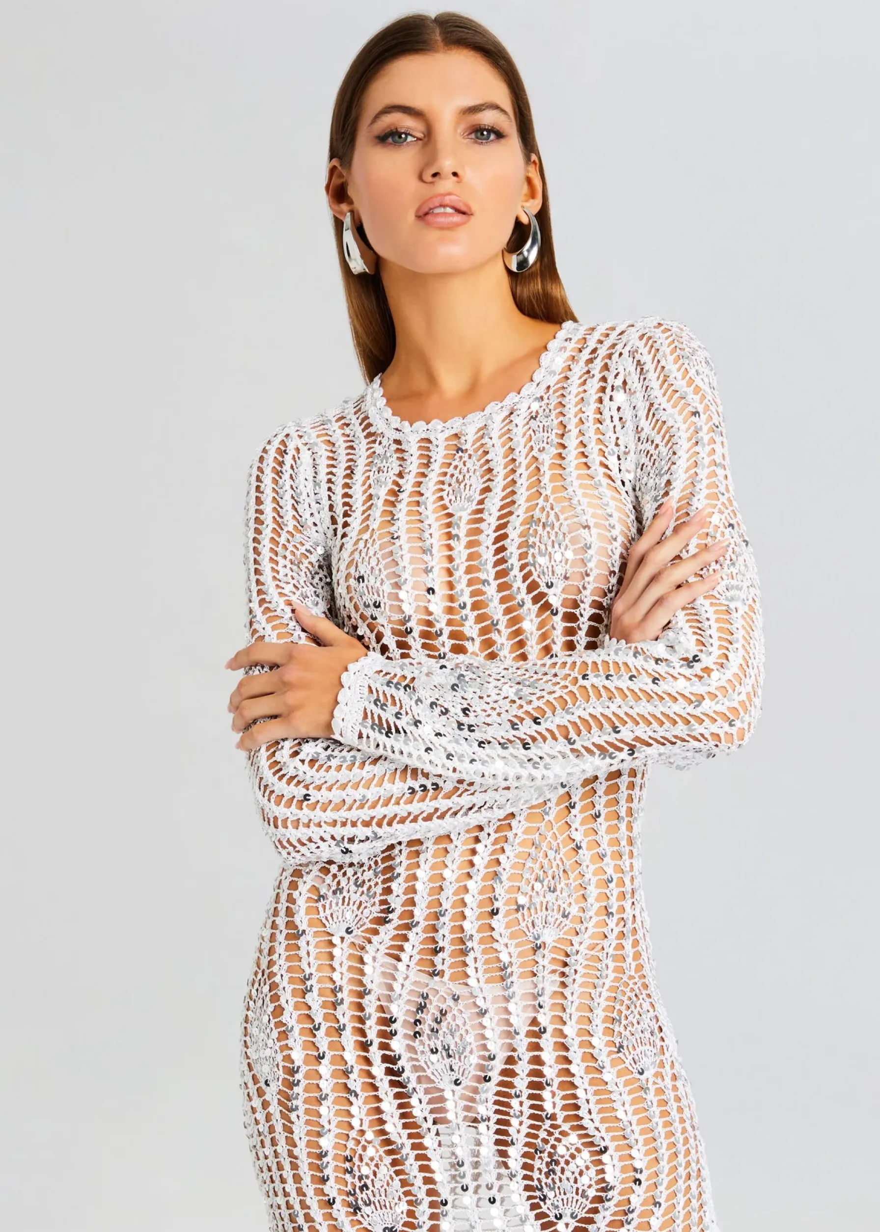 Retrofete Cherri Sequin Crochet Dress White Clearance