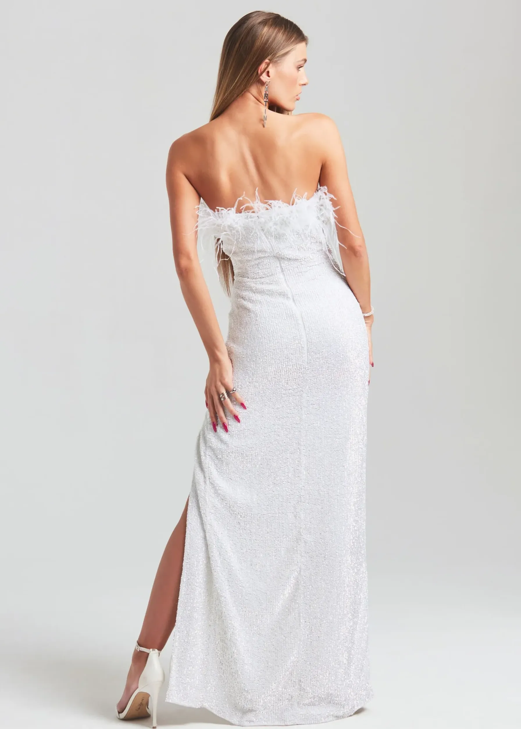 Retrofete Dolly Sequin Feather Dress Moonglow White Hot