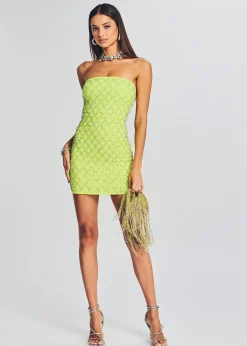 Retrofete Felicity Embellished Chiffon Dress Neon Yellow Grid Flash Sale