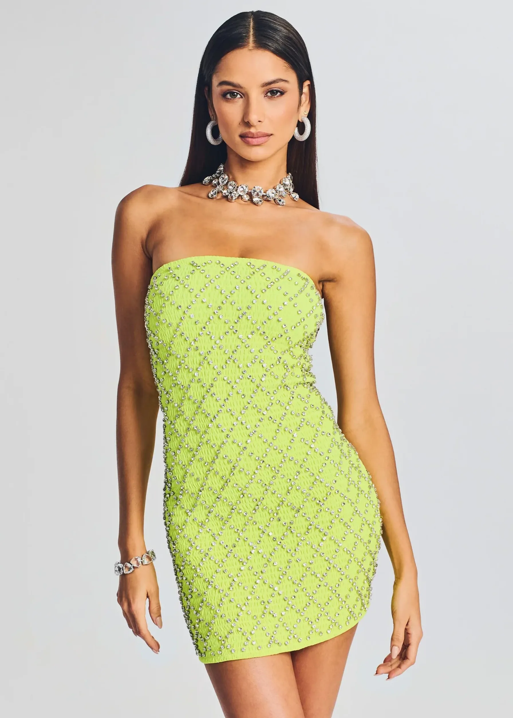 Retrofete Felicity Embellished Chiffon Dress Neon Yellow Grid Flash Sale