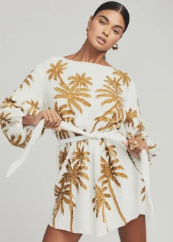 Retrofete Grace Sequin Palm Dress White Gold Palm Discount
