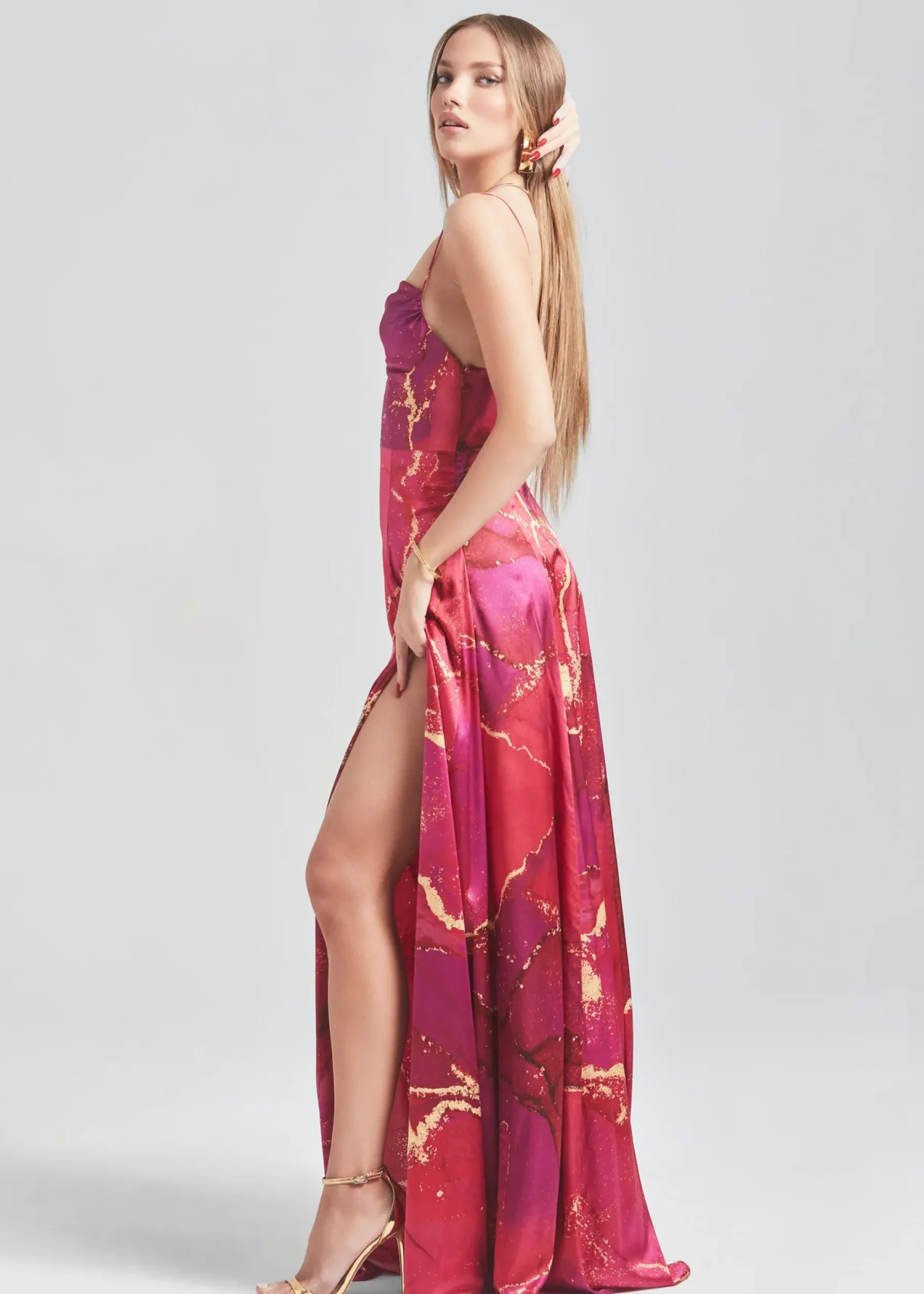 Retrofete Gracie Silk Dress Red Watercolor Marble Discount