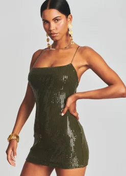Retrofete Hudson Sequin Knit Dress Olive Green New