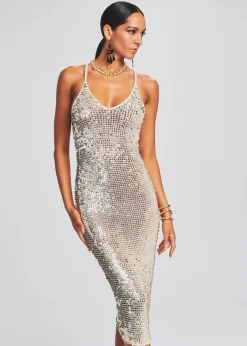 Retrofete Isabella Sequin Crochet Dress Ivory Gold Silver Outlet