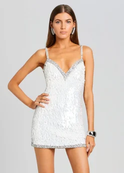 Retrofete Ivanna Feather Sequin Dress White/Silver New