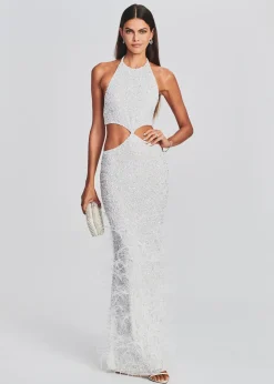 Retrofete Katerina Sequin Feather Dress White Clearance