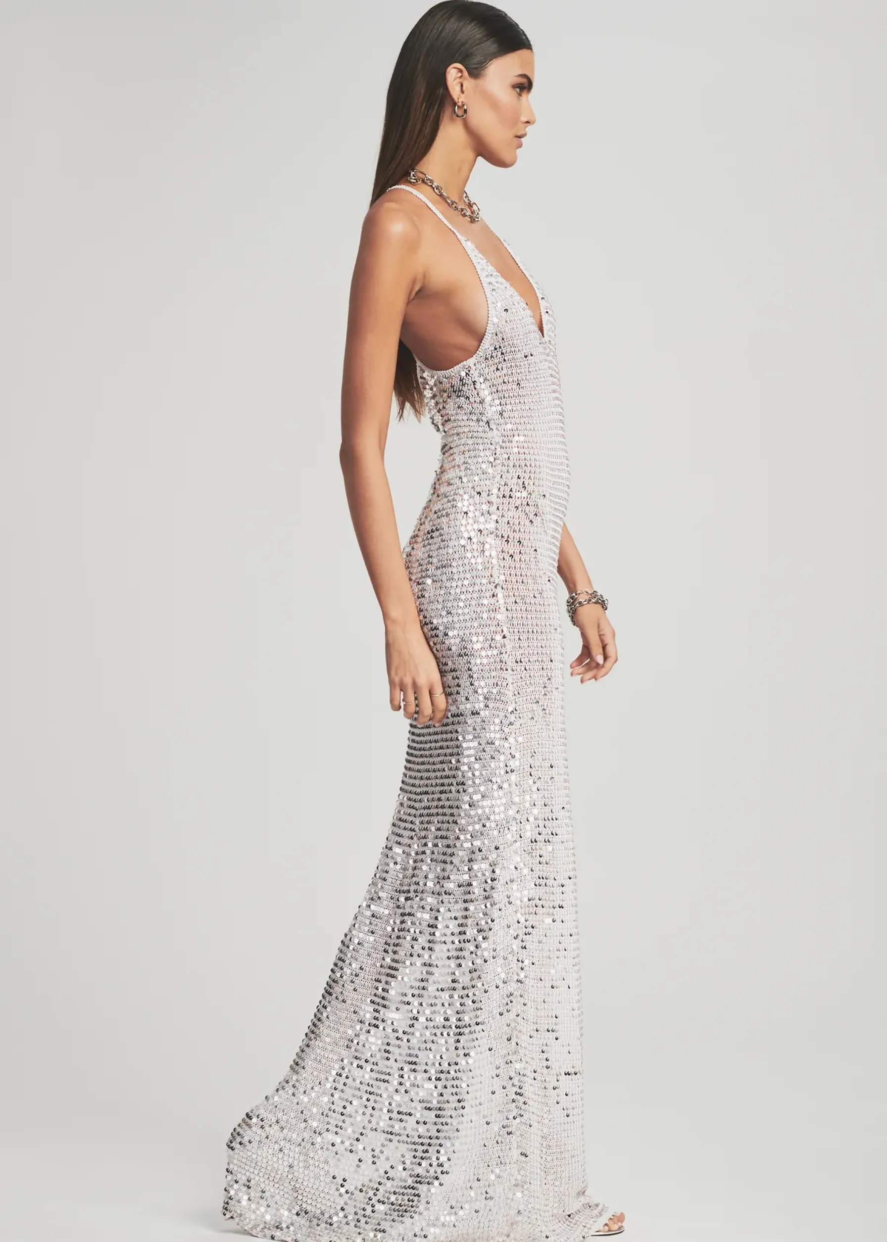 Retrofete Marie Sequin Crochet Dress White/Silver Clearance