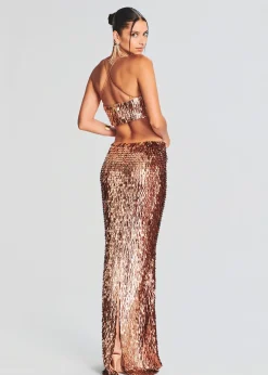 Retrofete Miko Feather Sequin Dress Bronze/Gold New