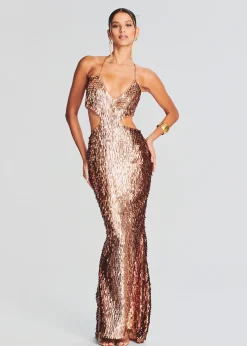 Retrofete Miko Feather Sequin Dress Bronze/Gold New