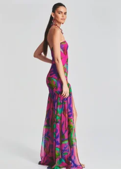 Retrofete Nicole Silk Chiffon Dress Tropical Leaf Clearance