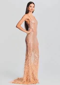 Retrofete Odessa Sequin Feather Dress Tannin New