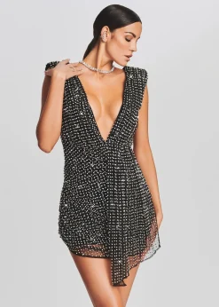 Retrofete Onyx Crystal Embellished Dress Black with Silver New