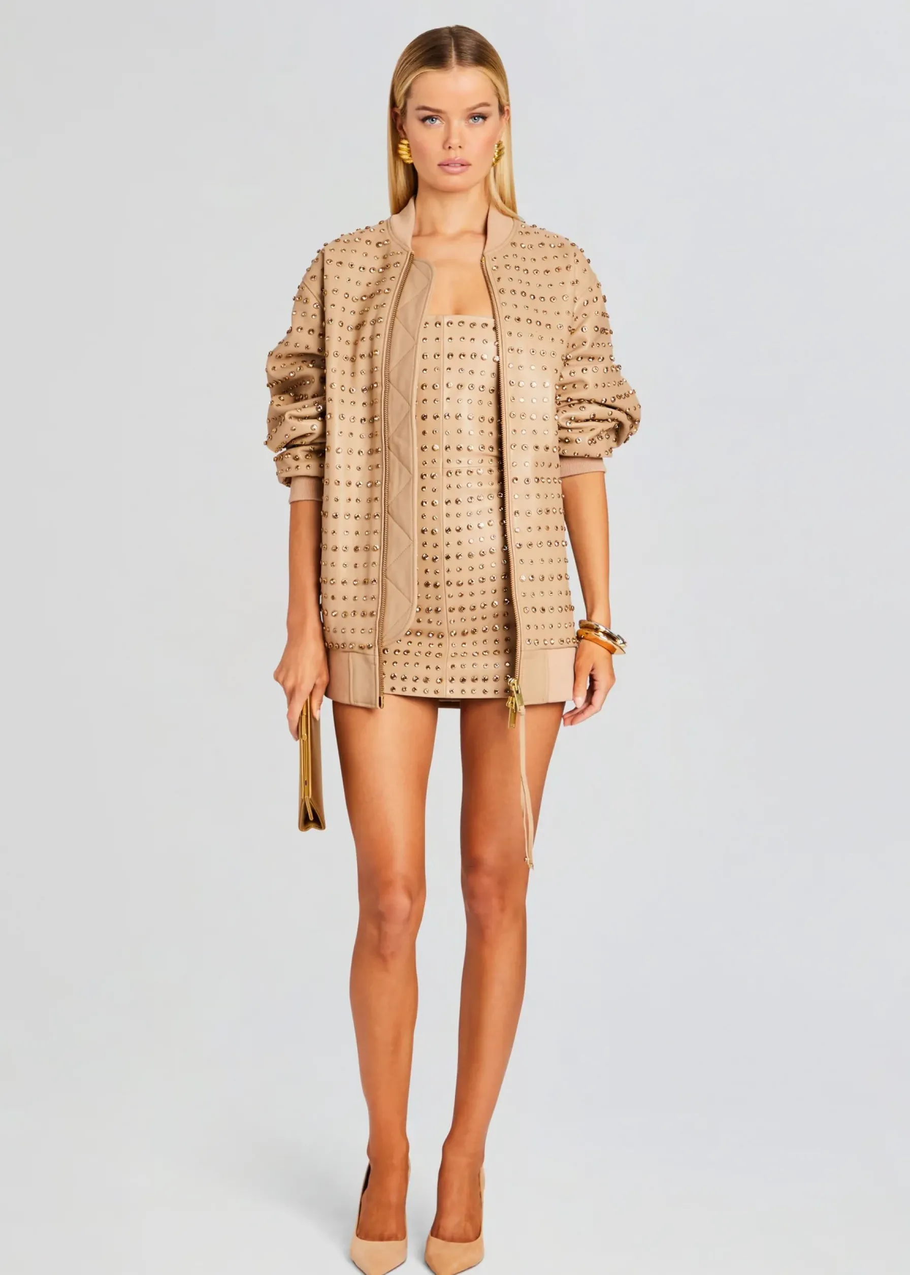 Retrofete Rhya Embellished Leather Dress Nude New