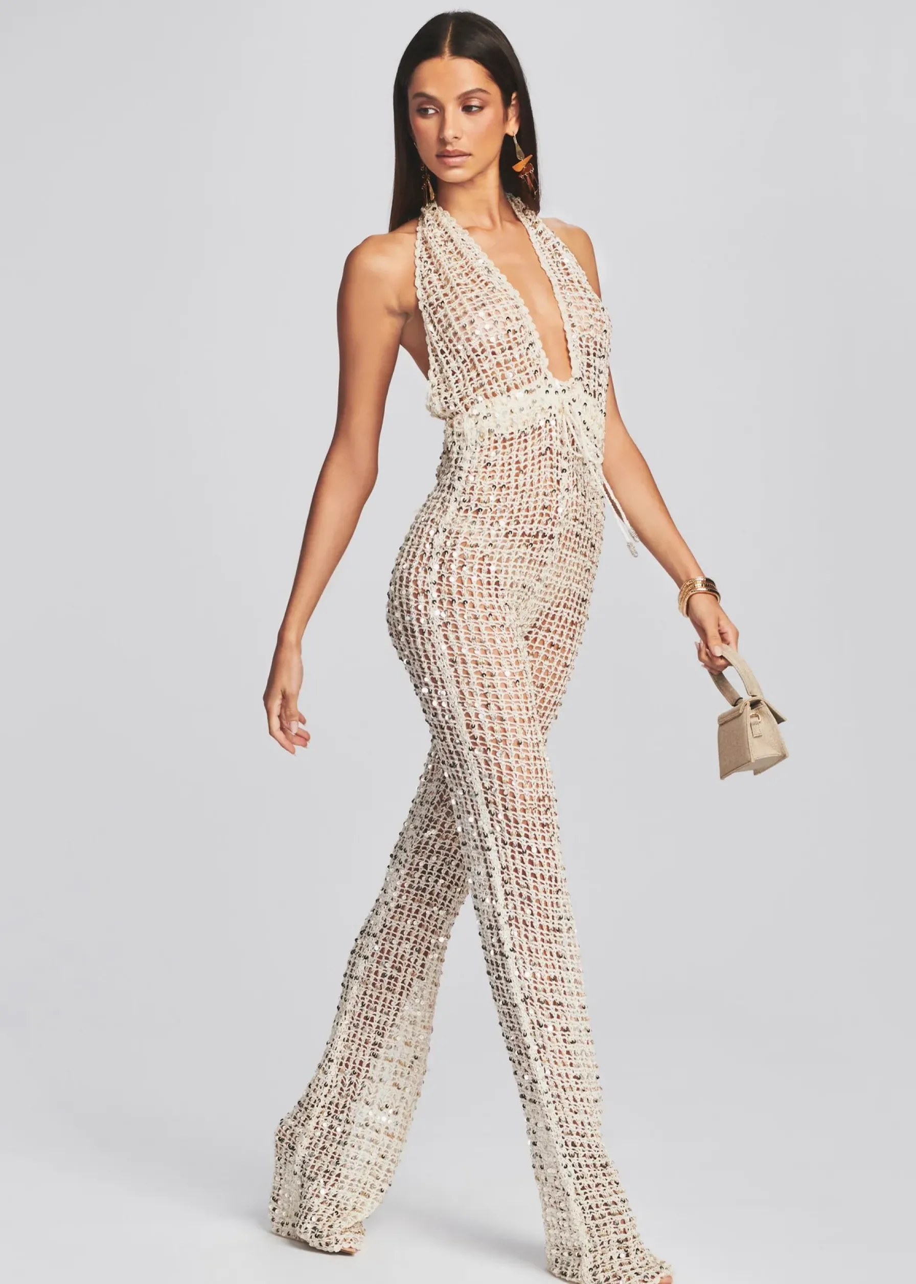 Retrofete Tosca Sequin Crochet Jumpsuit Ivory Gold Shop