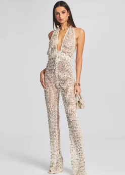 Retrofete Tosca Sequin Crochet Jumpsuit Ivory Gold Discount