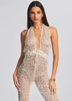 Retrofete Tosca Sequin Crochet Jumpsuit Ivory Gold Discount