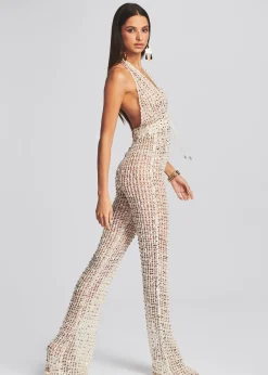Retrofete Tosca Sequin Crochet Jumpsuit Ivory Gold New