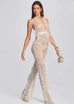 Retrofete Tosca Sequin Crochet Jumpsuit Ivory Gold New