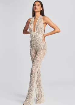 Retrofete Tosca Sequin Crochet Jumpsuit Ivory Gold New