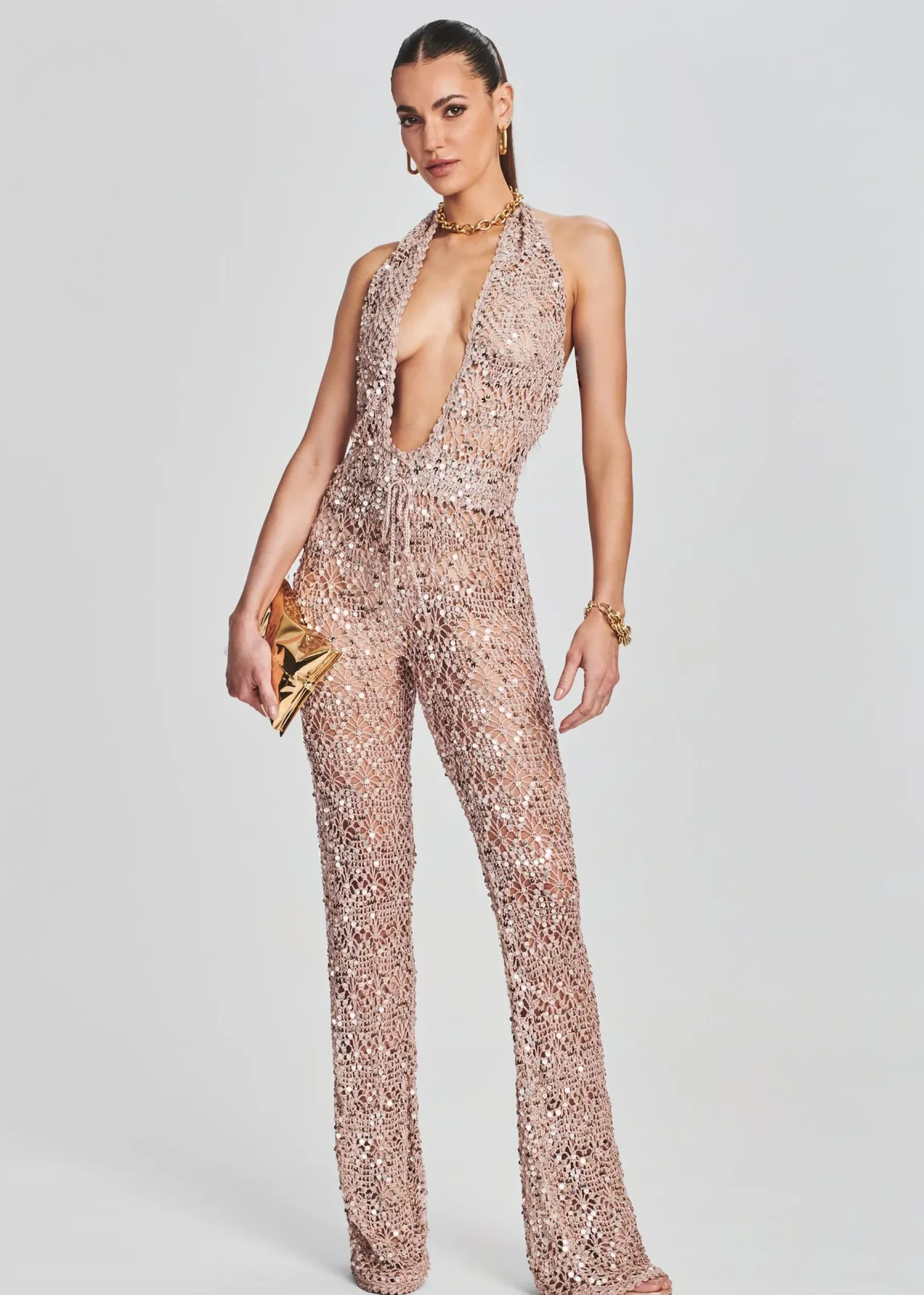 Retrofete Tosca Sequin Crochet Jumpsuit Rose Gold Hot