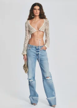 Retrofete Vera Sequin Crochet Top Ivory Gold Store