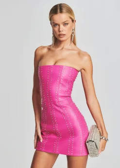 Retrofete Vesta Embellished Leather Dress Neon Pink/Crystal Discount