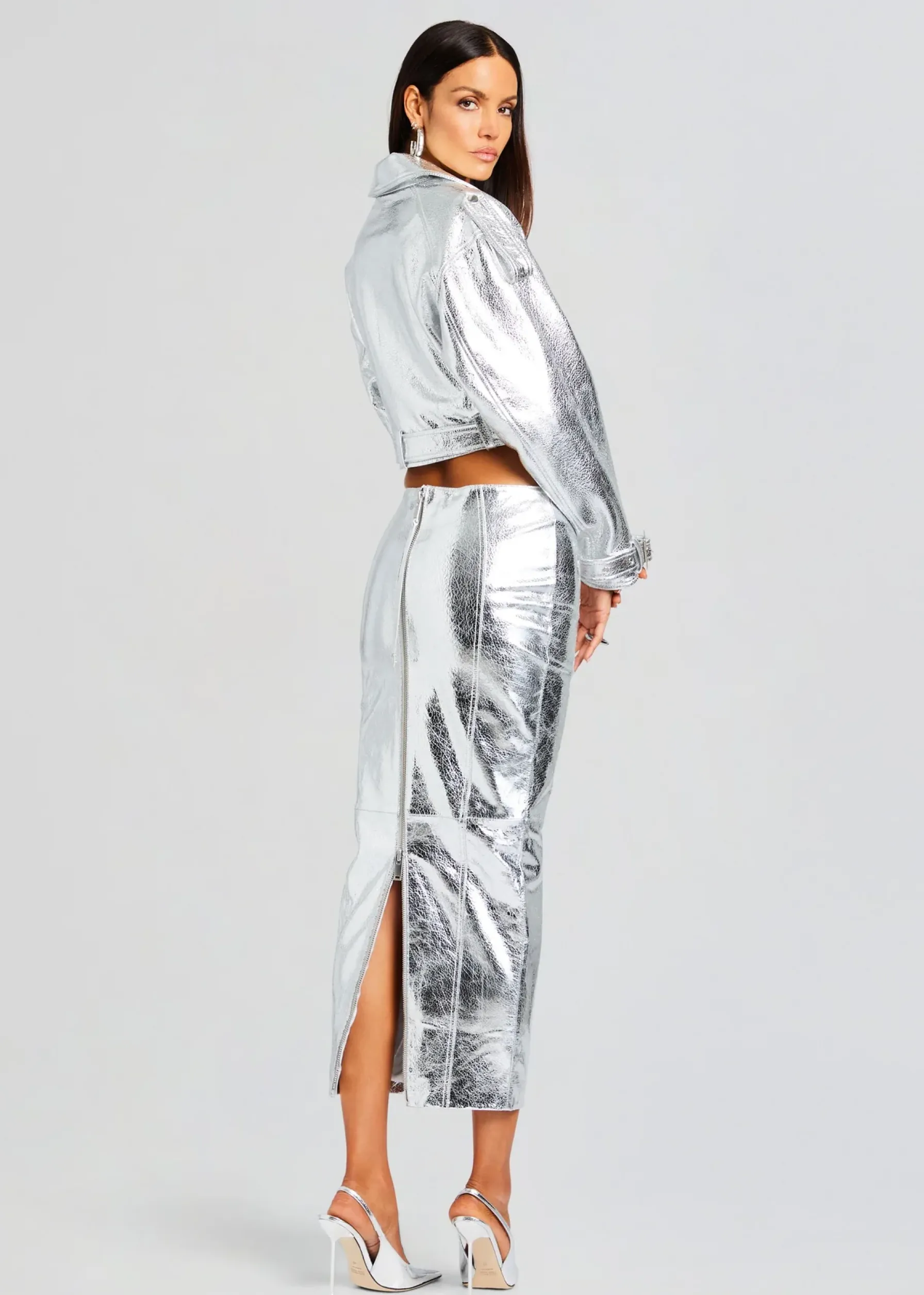 Retrofete Victoria Leather Jacket Silver Outlet
