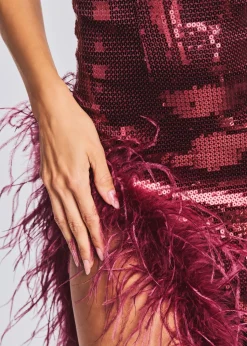 Retrofete Vixen Sequin Feather Dress Cabernet Cheap